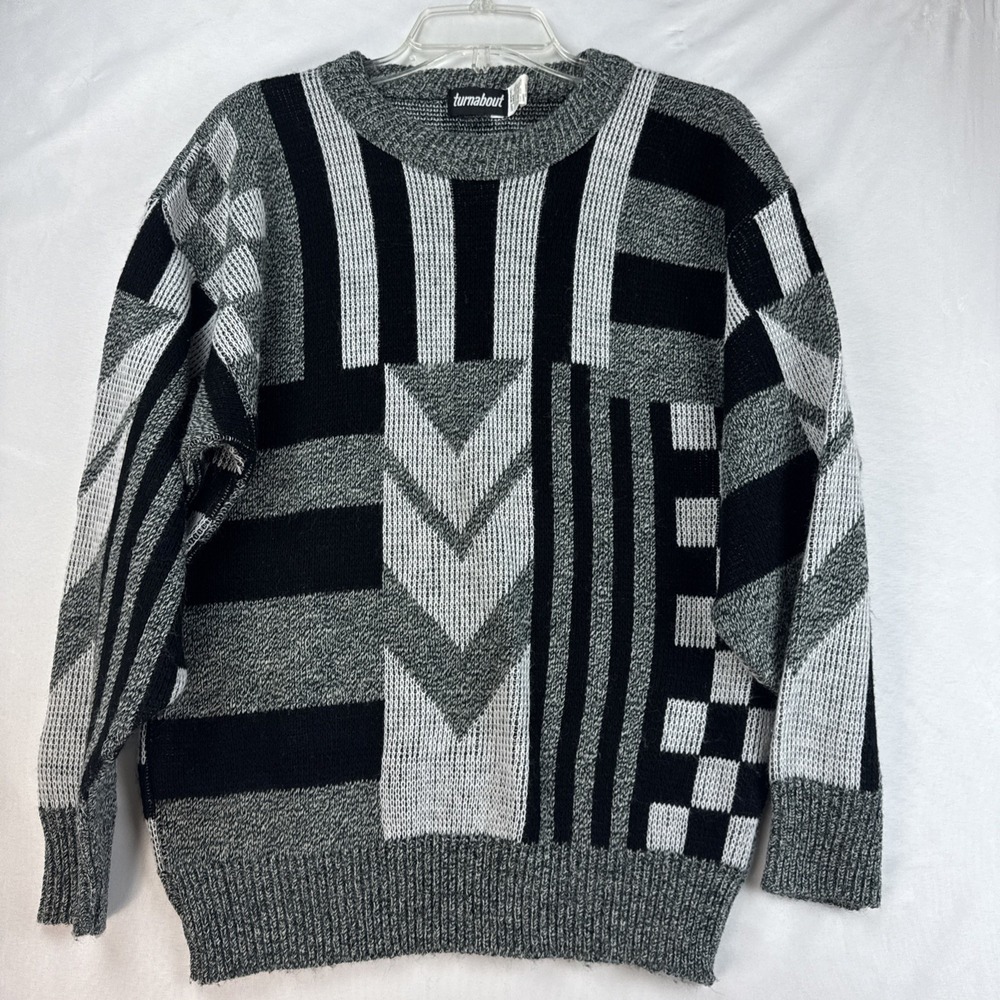 Vintage Turnabout Geometric Knit Sweater Made USA Black Gray Abstract Mens M